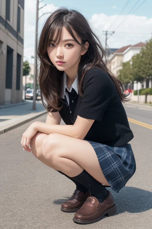 elegant, masterpiece, intricate, realistic, best quality, absurdres, detailed high face detail, perfect eyes, illustration, detailed, kawaii bad girl, feet out of frame, mini skirt, serafuku, kneehighs, loafers, squatting, wind blowing hair, smooth hair, beautiful hair, detailed hair, messy hair, short hair,