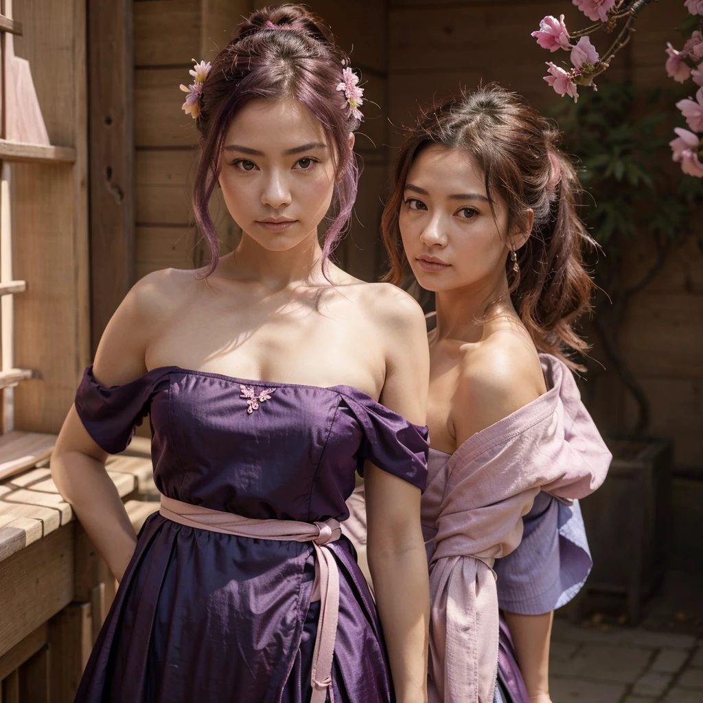 Génère moi une magnifique femme samurai avec une longue armure très détaillé de couleur mauve et rose avec une épée dans les mains je veux qu’elle aient des longs cheveux noirs avec une très belle coupe de cheveux tout ça dans un fond très fleuri style arbre chinois lac feuille coloré tout ça de couleur violet et rose en 8k ultra réaliste et très détaillée