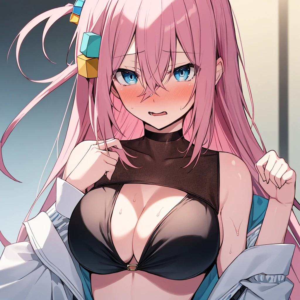 ((masterpiece)) (large breasts) (best quality) beautiful face, embarrassed, Gotoh hitori, pink hair, long hair, hair between eyes, blue eyes, cube hair ornaments, portrait, sexy bikini,
