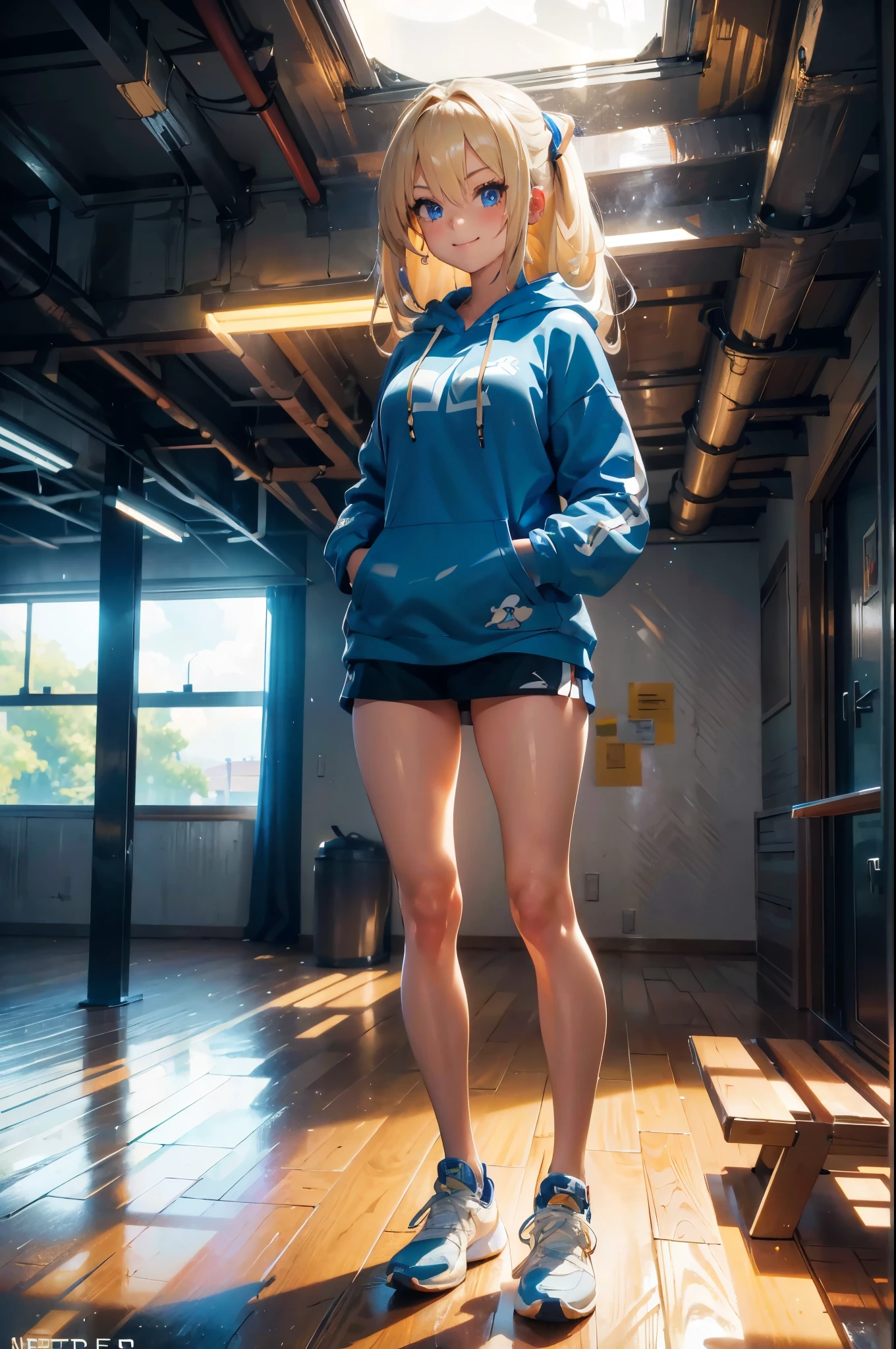 (masterpiece:1.2, best quality,4K), (Very detailed), Gym locker room, 1 Girl, -yeld gi , Long legs, Long hair, Blonde, (White pantielue Sonic the Hedgehog Hoodie)), permanent, Smile, Original Characters, Volumetric Lighting, Best shadow, Shallow depth of field, (best quality, Stunning details:1.25), Colorful paintings