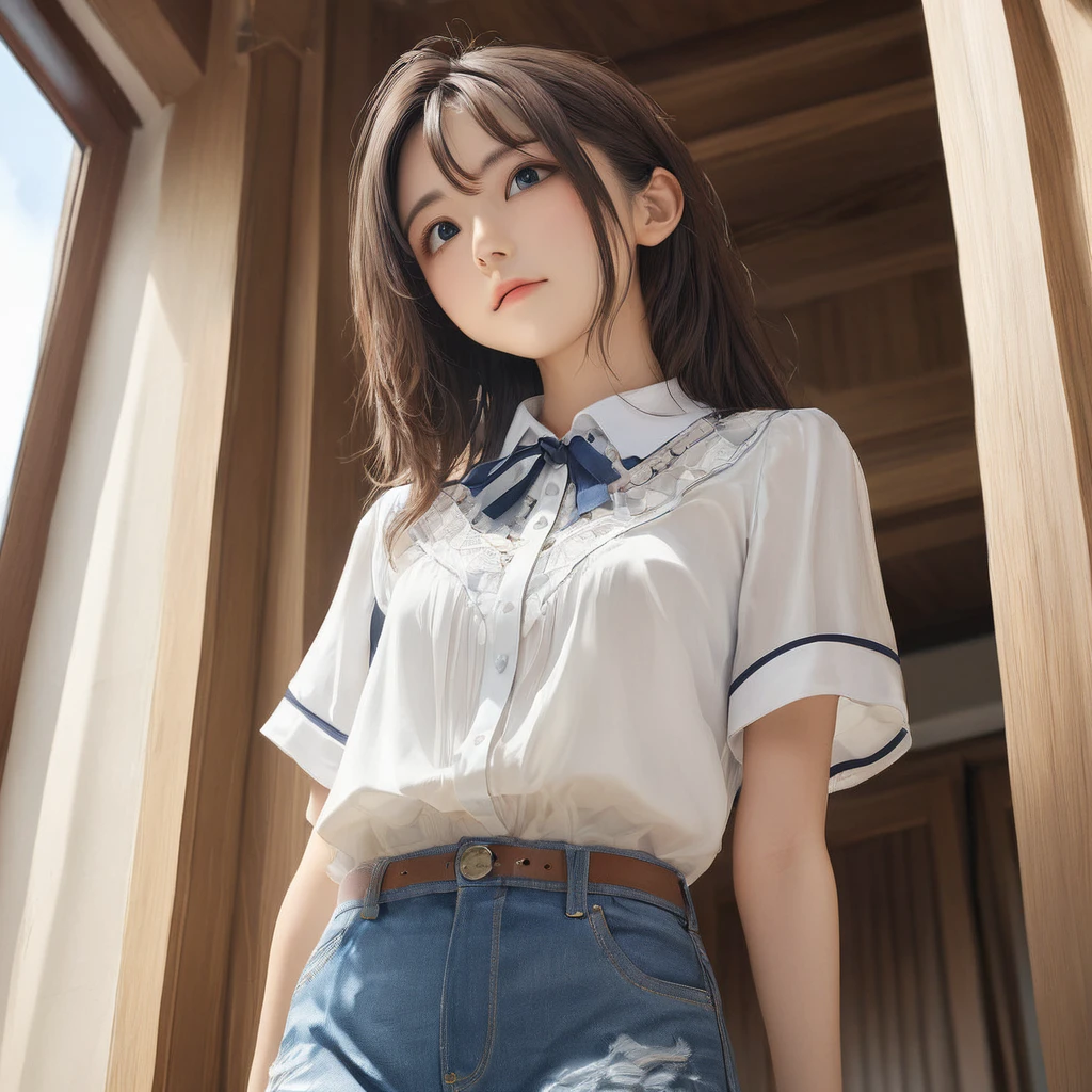 (masterpiece, Highest quality:1.2), One girl, alone,bony body、15 years old、(masterpiece, Highest quality:1.2), One girl, alone,bony body、15 years old、(from below:2) , master piece , best quality , woman , blouse , short denim