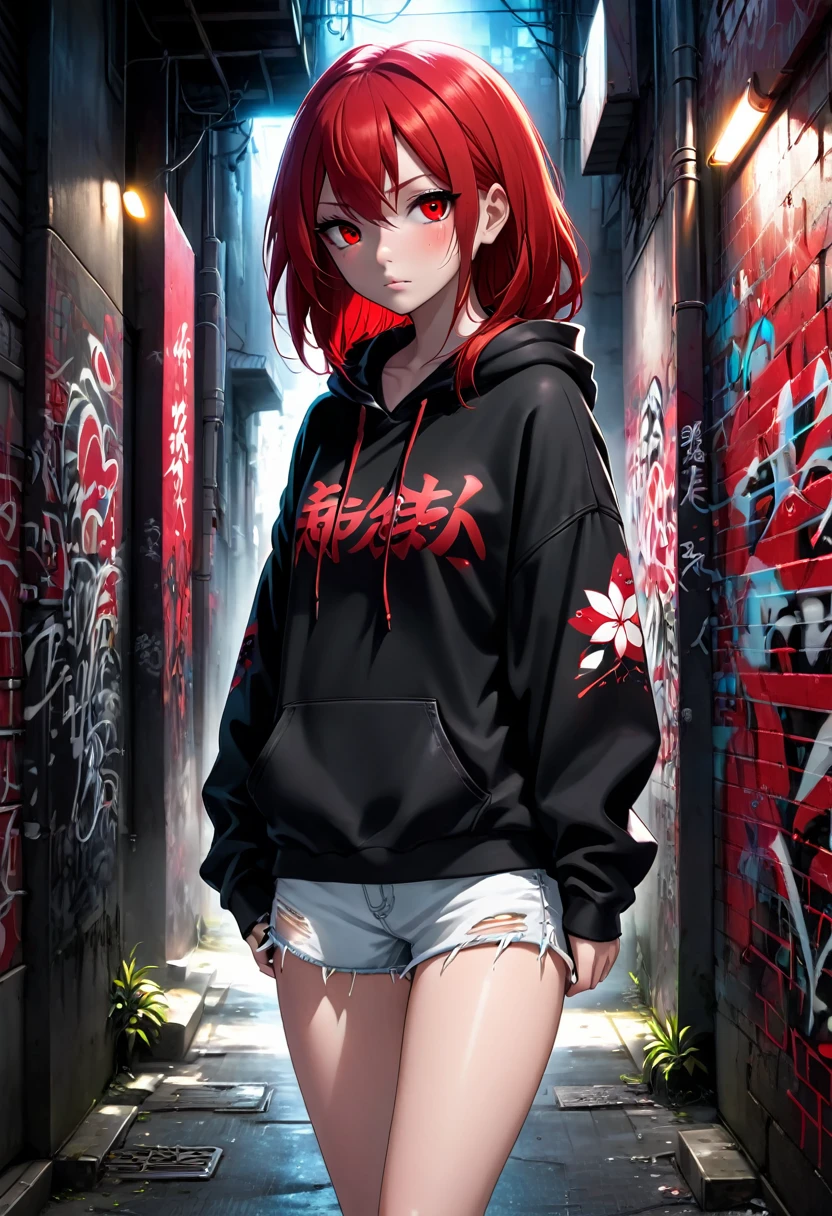 1girl, black hoodie, red hair, white eyes, jean shorts, dark alley, red graffiti, japanese led