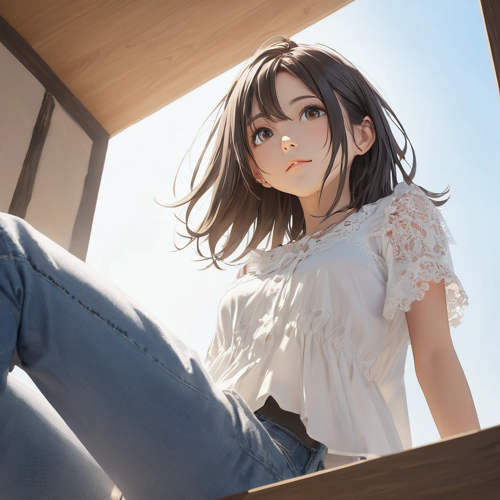 (masterpiece, Highest quality:1.2), One girl, alone,bony body、15 years old、Anime Style、(masterpiece, Highest quality:1.2), One girl, alone,bony body、15 years old、(from below:2) , master piece , best quality , woman , blouse , Short denim waiting to start 
