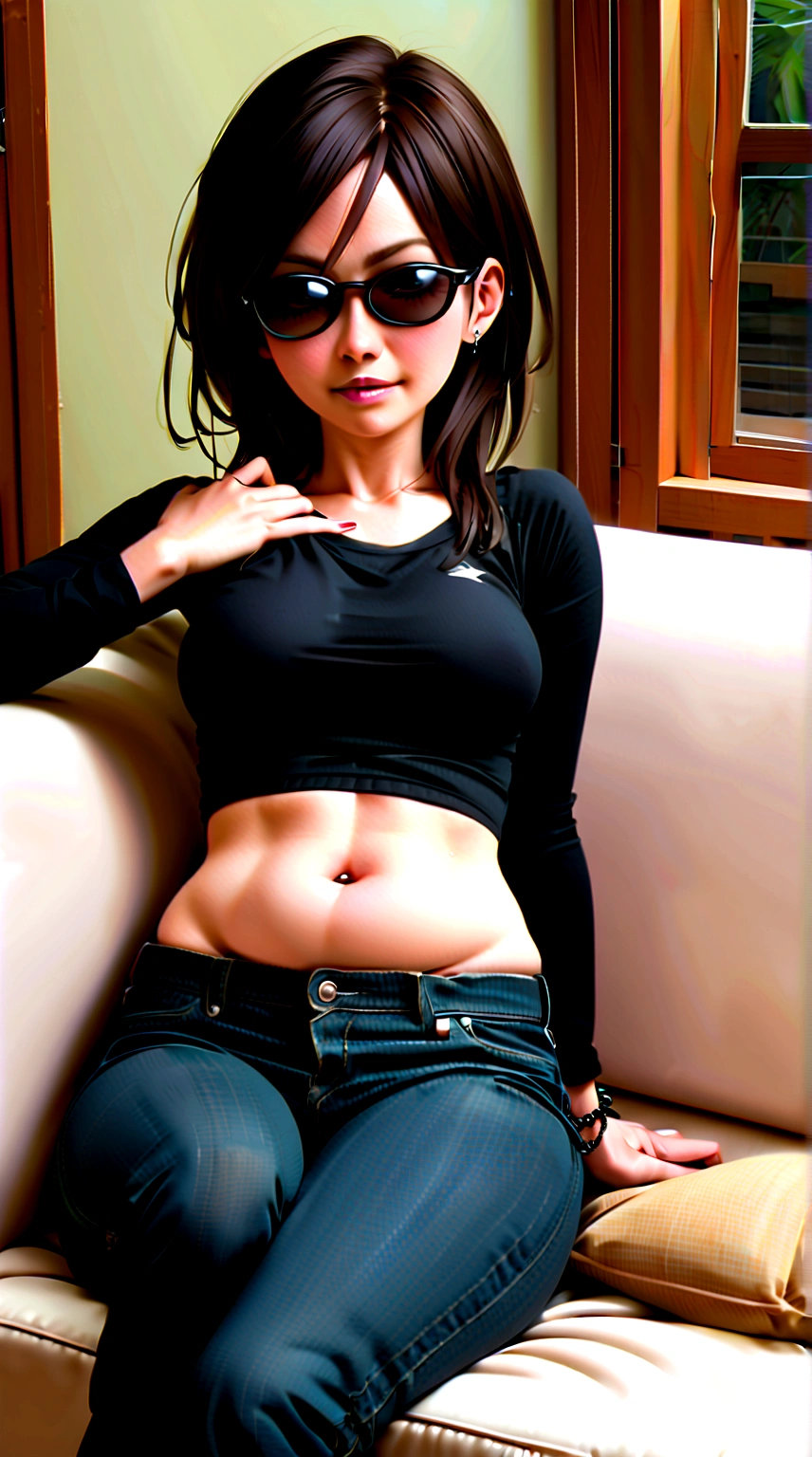 there is a woman sitting on a couch wearing a black top and sunglasses, wearing a sexy cropped top, wearing in black clothes, black outfit, profile pic, her belly button is exposed, taken in the early 2020s, taken in 2 0 2 0, physical : tinyest midriff ever, casual pose, she is about 2 0 years