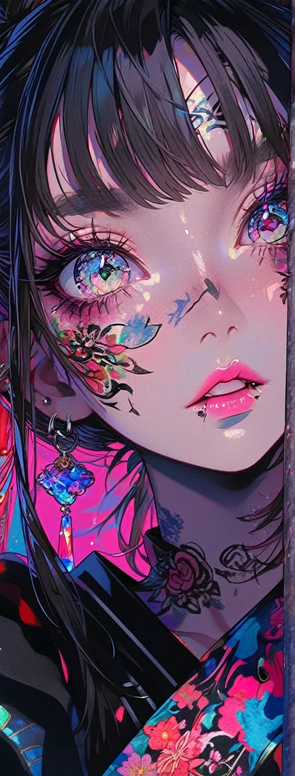 Slender Shinobi girl informal, candid yukata with cutouts, bandages, tattoos, piercings, abstract oriental drawings, modern neon Asia, hair gathered in a bun with oriental jewelry, lip gloss, dark eyeliner, red and black tones with sakura and lycoris petals, 16k quality, close-up,crystal, eye focus, gem,sparkle, star \(symbol\),full body paint, vibrant body paint, intricate body paint,Focus on face, high detail face, high detail eyes