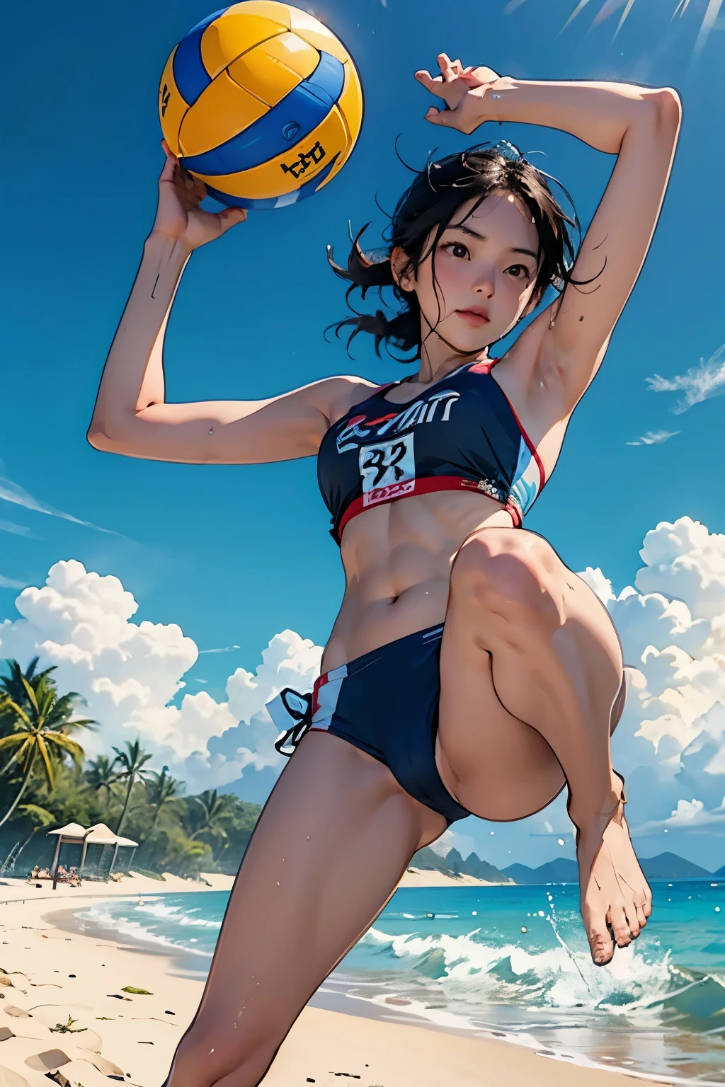 8K, top-quality, masterpiece: 1.2, (reallistic, Photorealistic: 1.2), Beautiful girl, barefoot(((beach volleyball player is jumping and attacking:1.5)))