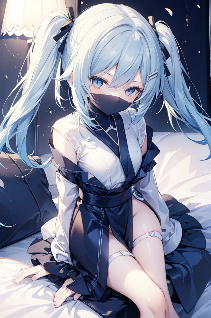 upper body, 1girl, wallpaper, light particles, bed, background, look at viewer, light blue hair, long hair, twintails, white eyes, ninja mask,