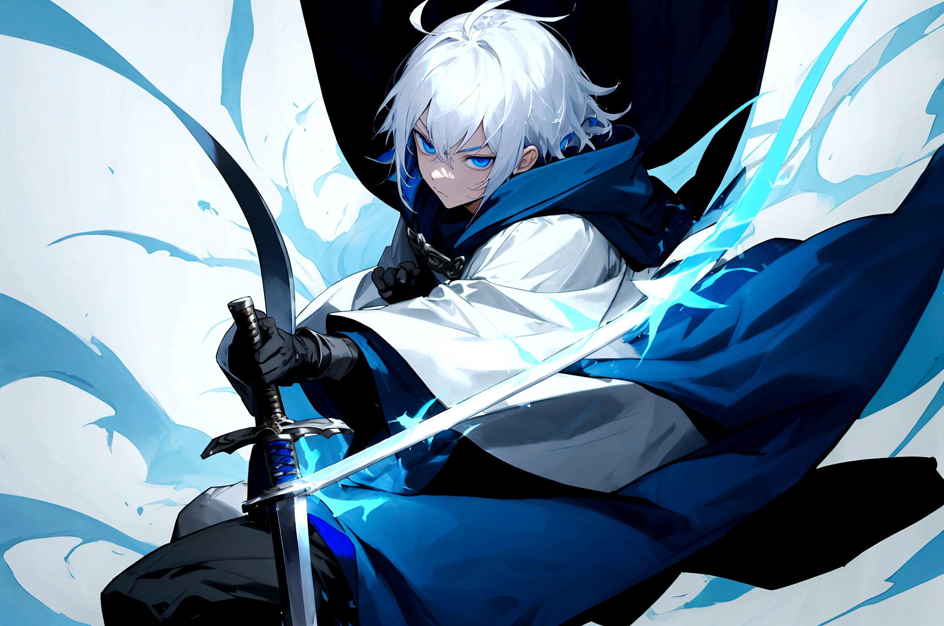 Sorcerer Divine Soul man, he has a silver hair and blue eyes, he wear a hood and wear gloves , hold sword with hand .