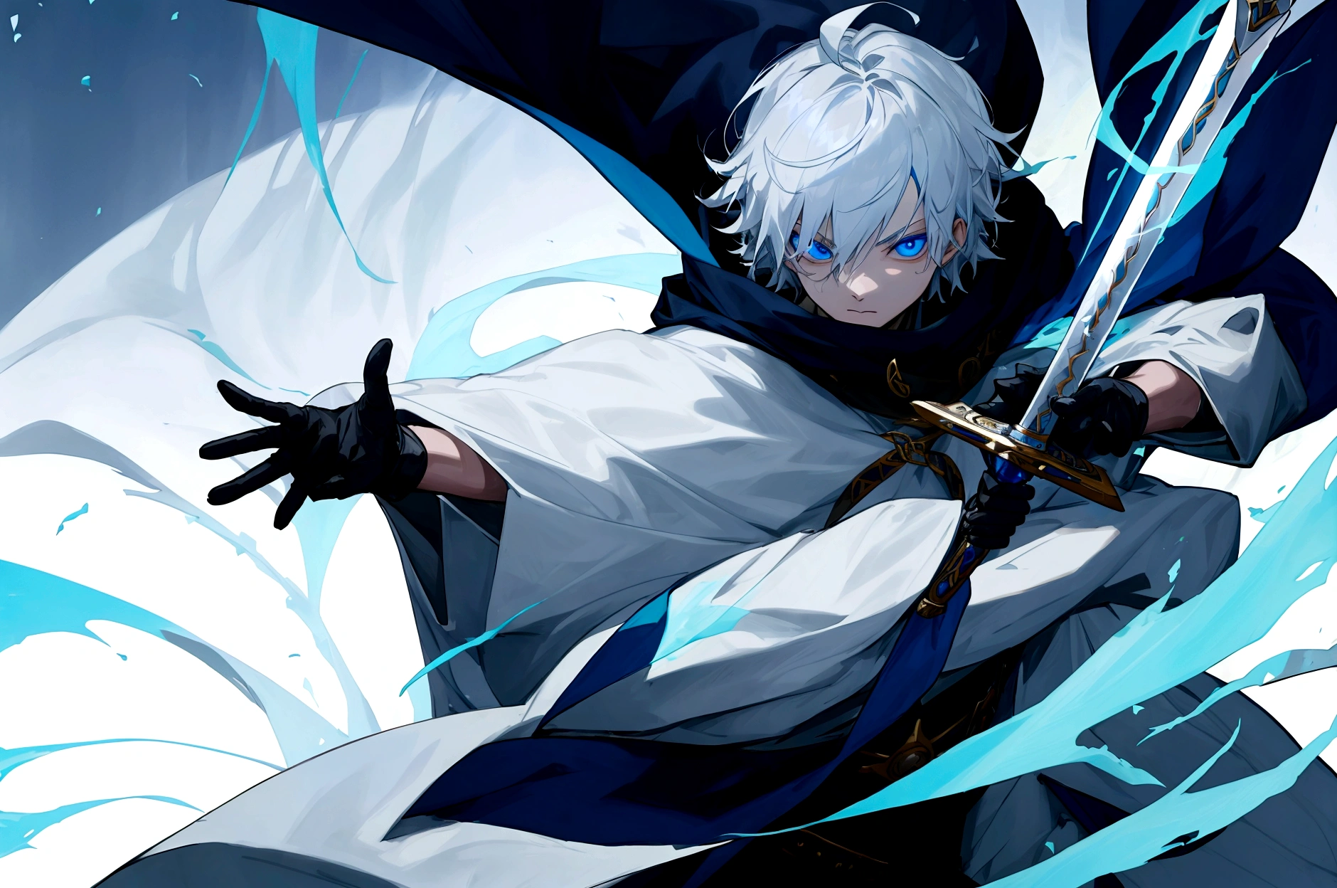 Sorcerer Divine Soul man, he has a silver hair and blue eyes, he wear a hood and wear gloves , hold sword with hand .
