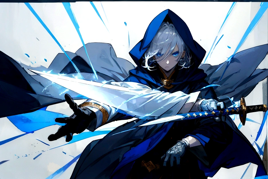 Sorcerer Divine Soul man, he has a silver hair and blue eyes, he wear a hood and wear gloves , hold sword with hand .