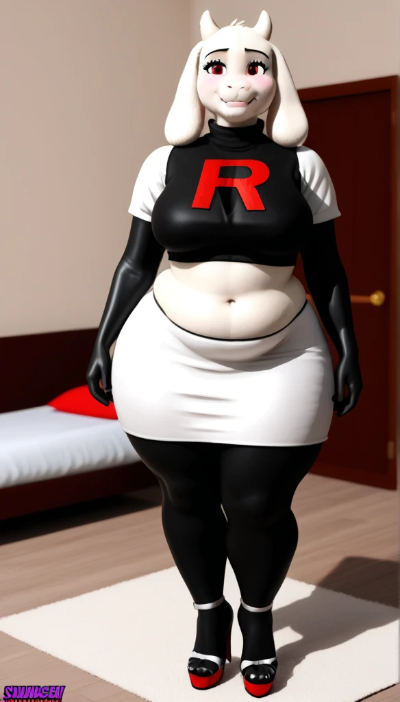 Furry, Toriel Dremurr, milf, slightly chubby, bedroom, fat ass, wide hips, curvy, voluptuos, stand, full body, masterpiece, ultra high quality, detailed face, detailed hands, detailed body, heels, by fluffedwings, by blackwhiplash, sugestive, sexy, beatiful, shy smile, blushed, fat ass, fat breasts, team rocket,team rocket uniform, white skirt, red letter R, crop top, black thigh-highs, black elbow gloves