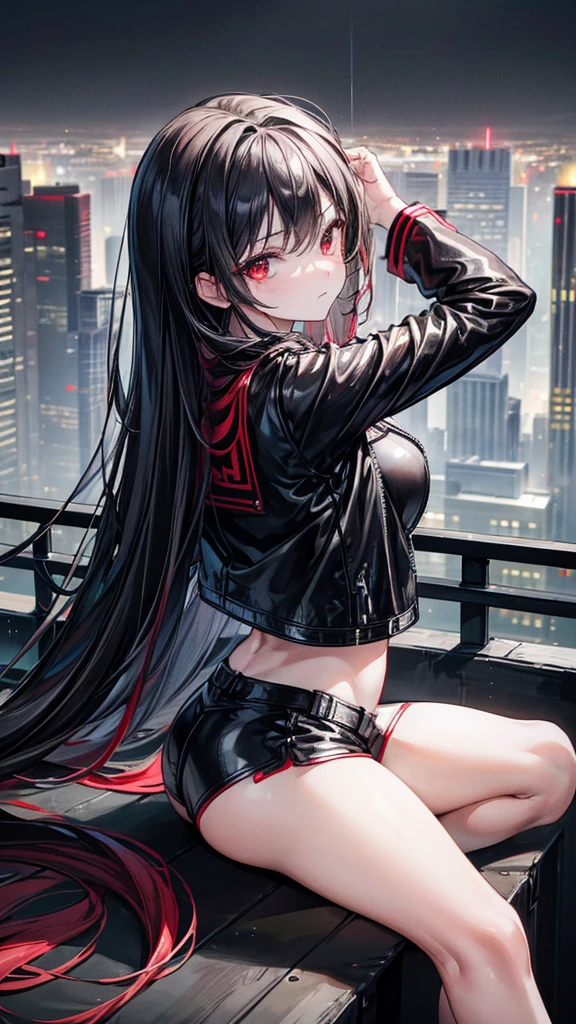(masterpiece, best quality), 8K, 1girl, black long hair, expressive red eyes, wearing leather jacket and leather shorts, sits on the top floor of a skyscraper, hesitantly looking at the cityscape, rainy day, hazy sky, city lights, girl's back view