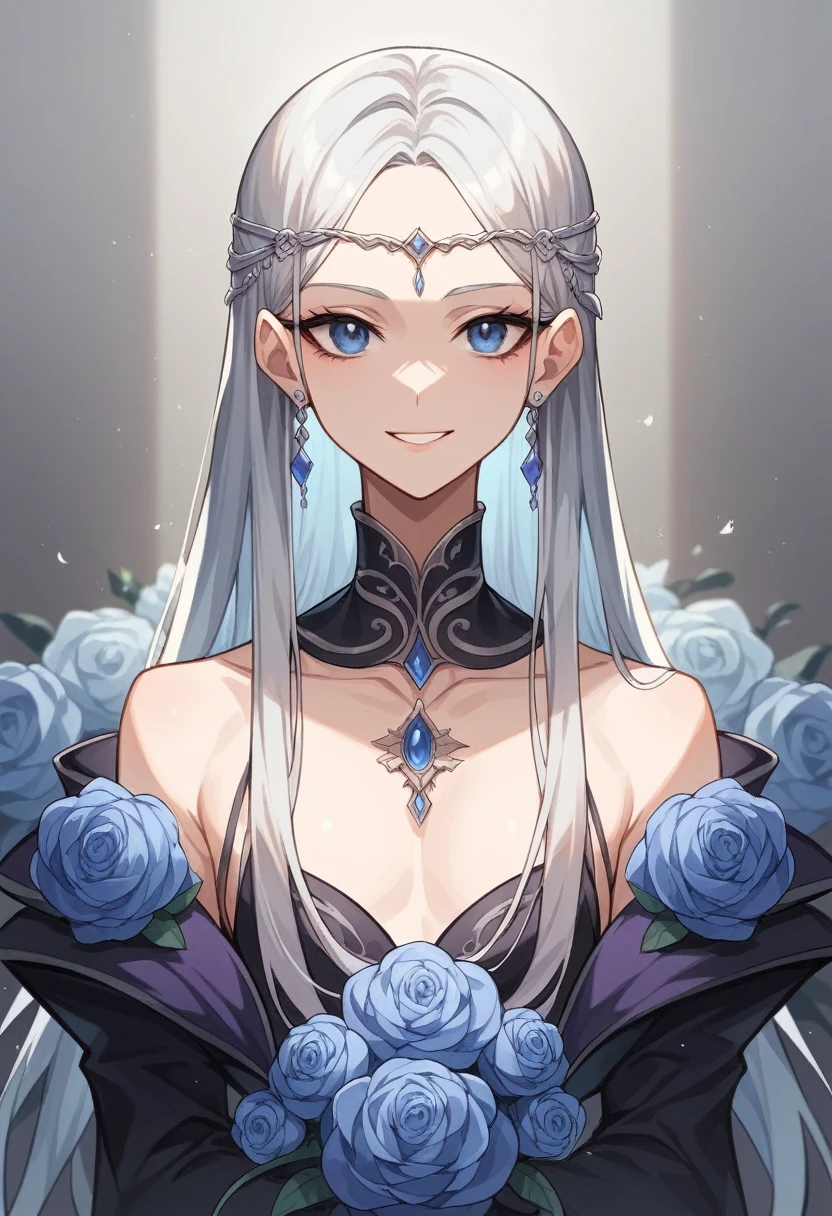 Feminine boy, soft womanish facial features, smile, squinted siren dark blue eyes without glare, silver and dark purple long loose hair with straight bang, fantasy black clothes with blue and purple elements, long black gloves, model, gorgeous, elegant, lots of silver jewelry, flowers in his hair, skinny body, hourglass figure, light lipstick