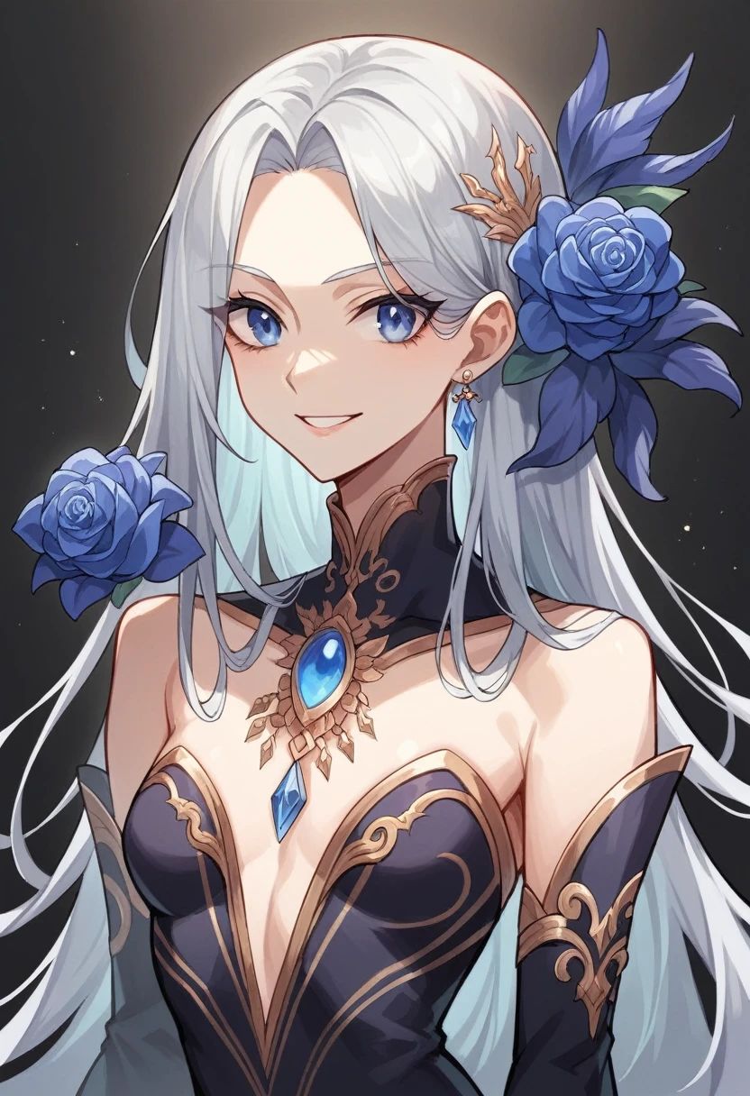Feminine boy, soft womanish facial features, smile, squinted siren dark blue eyes without glare, silver and dark purple long loose hair with straight bang, fantasy black clothes with blue and purple elements, long black gloves, model, gorgeous, elegant, lots of silver jewelry, flowers in his hair, skinny body, hourglass figure, light lipstick