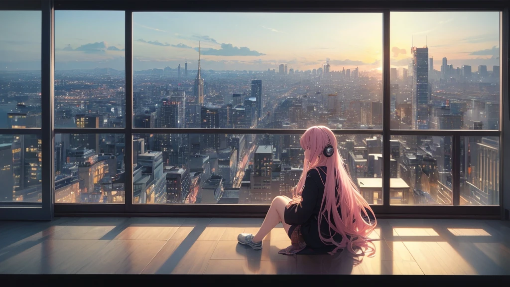 Absurd, Ultra-high resolution, (Official Art, beautifully、mysterious:1.2), Sit by the window and look outside, Girl listening to music with headphones, light pink long hair, Lo-fi Girl, Bright Sky, A vast world, Kaisei and Artgelm, Anime atmosphere, Lofi art style, Anime style 8k, Anime Aesthetics, Lo-fi feeling, Anime Art Wallpapers 8K, An atmosphere of praise, Rooms with large windows, Emotional cityscape, city room