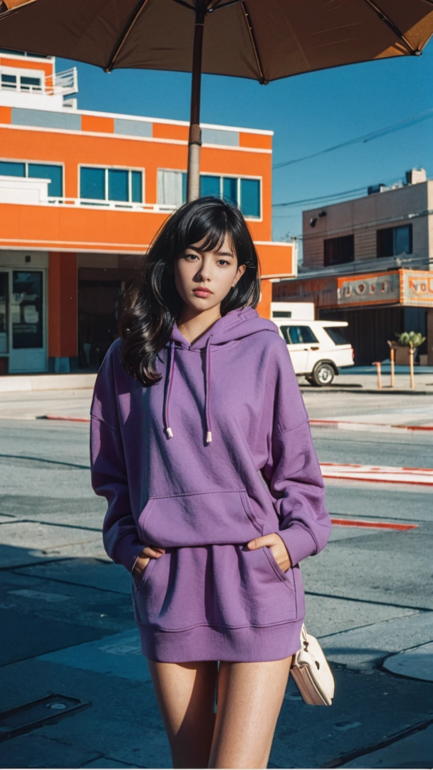 analog film photo cinematic photograph long shot portraits by Wes Anderson, cute 23 yo girl ,fokus, bokeh ,wear ((orange color oversized_hoodie)), wear ((purple tennis skirt)),looking front,Best Quality,Masterpiece,Ultra High Resolution,(Realisticity:1.4),Original Photo, 1Girl, light leak,ultra high resolution,UHD,beautiful, (black bob hair), almond eye, no makeup, in front of (80's mondrian architecture motel), (realistic:1.2), (surreal:1.3), (very detailed:1.1), ((masterpiece)),summer, blue sky, palm trees,sunny, los angles vibes,film camera, 800mm lens,style of Philip Lorca diCorcia