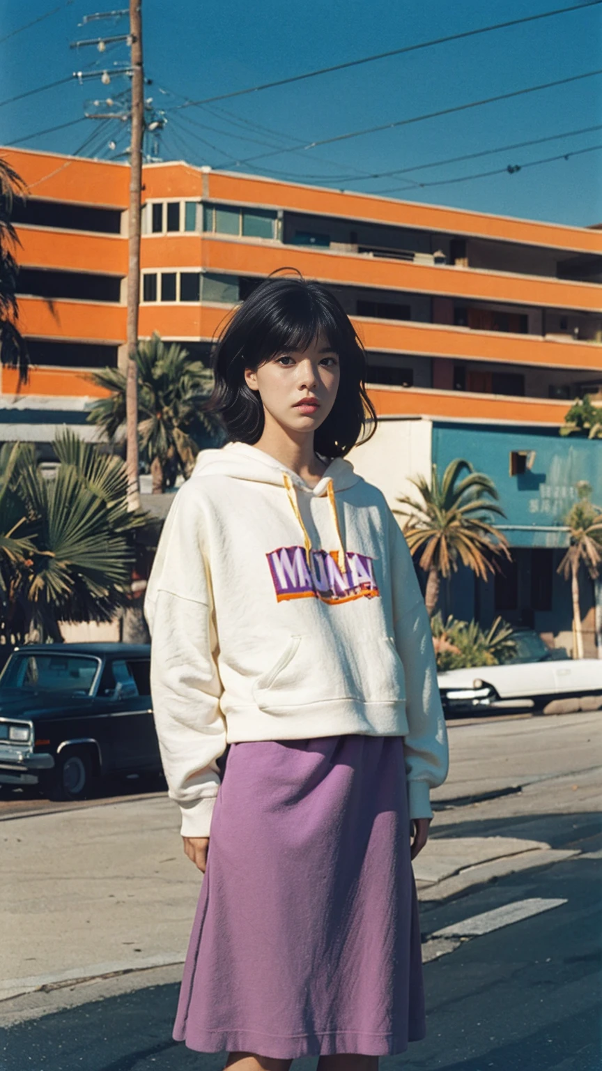 analog film photo cinematic photograph long shot portraits by Wes Anderson, cute 23 yo girl ,fokus, bokeh ,wear ((orange color oversized_hoodie)), wear ((purple tennis skirt)),looking front,Best Quality,Masterpiece,Ultra High Resolution,(Realisticity:1.4),Original Photo, 1Girl, light leak,ultra high resolution,UHD,beautiful, (black bob hair), almond eye, no makeup, in front of (80's mondrian architecture motel), (realistic:1.2), (surreal:1.3), (very detailed:1.1), ((masterpiece)),summer, blue sky, palm trees,sunny, los angles vibes,film camera, 800mm lens,style of Philip Lorca diCorcia