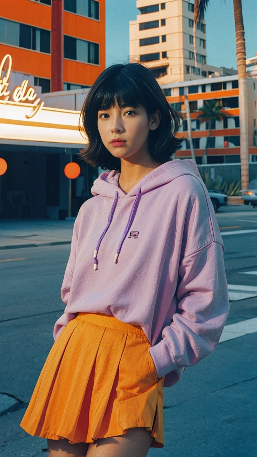 analog film photo cinematic photograph long shot portraits by Wes Anderson, cute 23 yo girl ,fokus, bokeh ,wear ((orange color oversized_hoodie)), wear ((purple tennis skirt)),looking front,Best Quality,Masterpiece,Ultra High Resolution,(Realisticity:1.4),Original Photo, 1Girl, light leak,ultra high resolution,UHD,beautiful, (black bob hair), almond eye, no makeup, in front of (80's mondrian architecture motel), (realistic:1.2), (surreal:1.3), (very detailed:1.1), ((masterpiece)),summer, blue sky, palm trees,sunny, los angles vibes,film camera, 800mm lens,style of Philip Lorca diCorcia