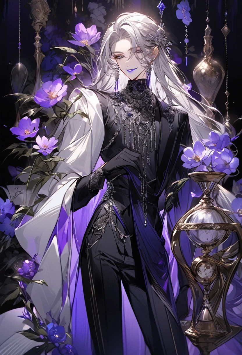 Feminine boy, soft womanish facial features, smile, squinted siren dark blue eyes without glare, silver long loose hair with straight bang, fantasy black clothes with blue and purple elements, long black gloves, model, gorgeous, elegant, lots of silver jewelry, flowers in his hair, skinny body, hourglass figure, light lipstick, pants