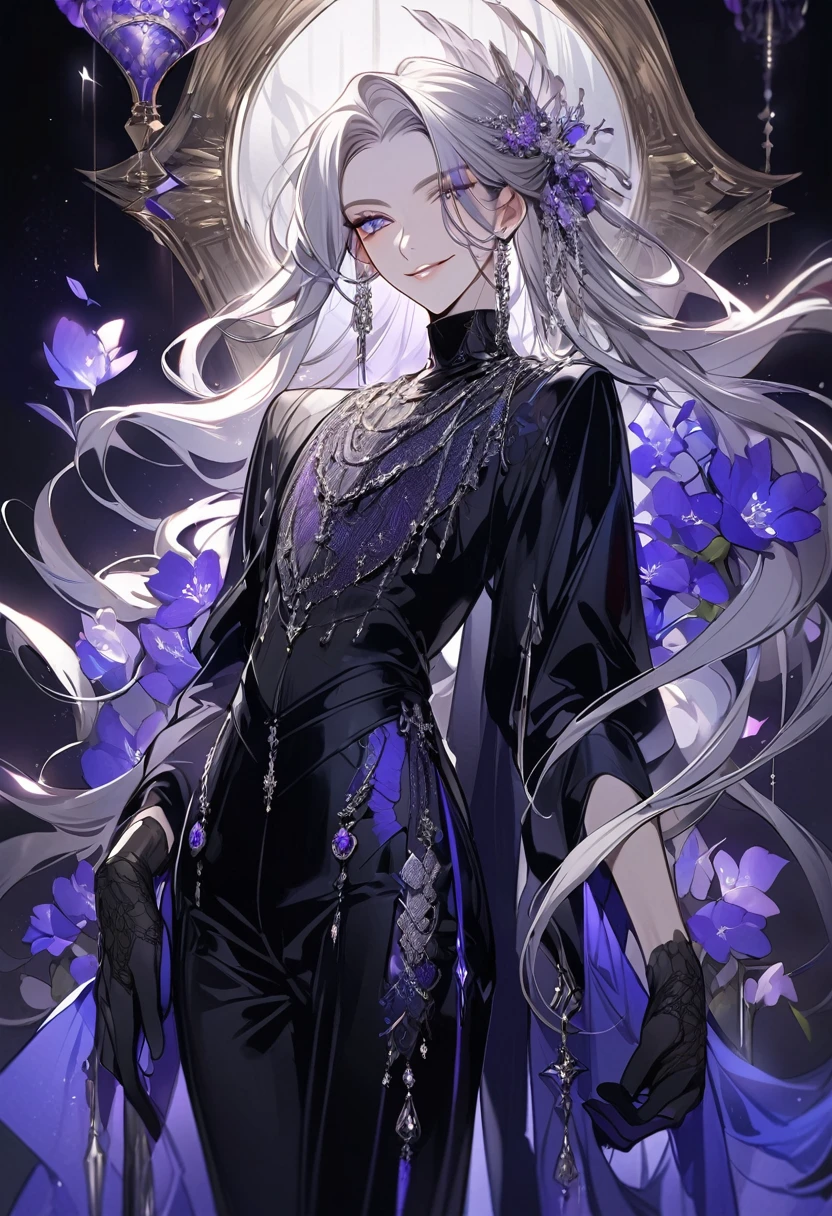 Feminine boy, soft womanish facial features, smile, squinted siren dark blue eyes without glare, silver long loose hair with straight bang, fantasy black clothes with blue and purple elements, long black gloves, model, gorgeous, elegant, lots of silver jewelry, flowers in his hair, skinny body, hourglass figure, light lipstick, pants