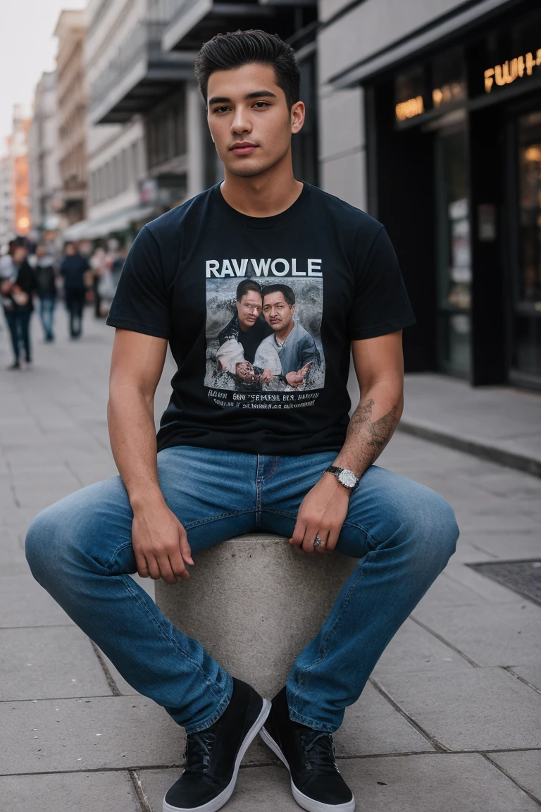 high quality, Raw photo, Realistic photography, whole body, Fujifilm XT3, Canon R5, Handsome men,high quality, Raw photo, Realistic photography, T-shirt and jeans, street atmosphere