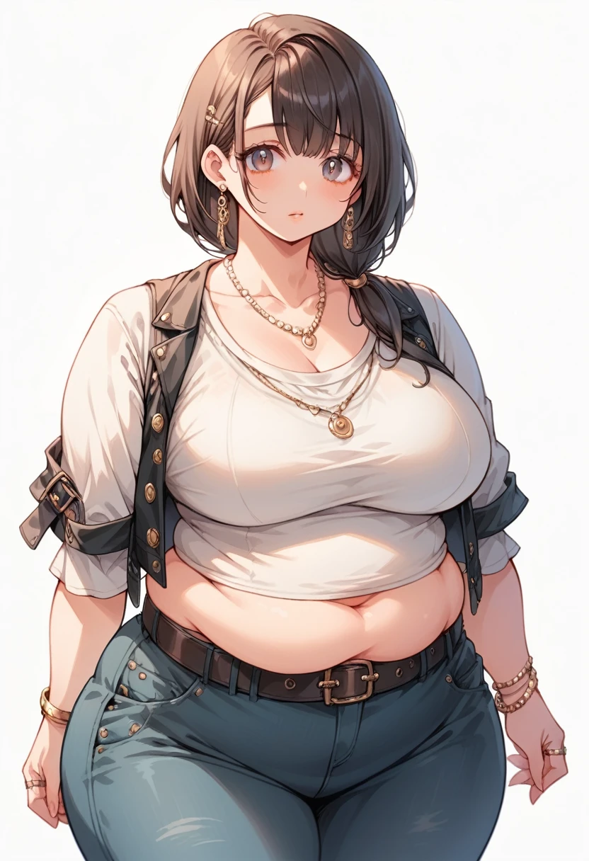 Curvy anime girl, overweight fat girl, pretty anime girl, beautiful chubby anime girl, big tummy, large breasts, wide hips, curvy butt, stomach rolls, stomach bump, fashionable, cool clothes, fun clothes, fashion, accessories, jacket, jewelry, bracelet, earrings, necklace, rings, accessories, belt, skirt, dress, pants, shirt, long shirt, low cut tshirt, baggy shirt, cute, cool fashionable girl