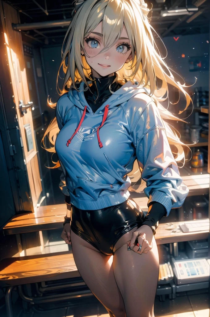 (masterpiece:1.2, best quality,4K), (Very detailed), Gym locker room, 1 Girl, 13-year-old girl, , Long legs, Long hair, Blonde, (White pantielue Sonic the Hedgehog Hoodie)), permanent, Smile, Original Characters, Volumetric Lighting, Best shadow, Shallow depth of field, (best quality, Stunning details:1.25), Colorful paintings