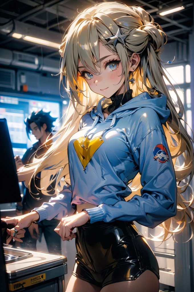 (masterpiece:1.2, best quality,4K), (Very detailed), Gym locker room, 1 Girl, , , Long legs, Long hair, Blonde, (White pantielue Sonic the Hedgehog Hoodie)), permanent, Smile, Original Characters, Volumetric Lighting, Best shadow, Shallow depth of field, (best quality, Stunning details:1.25), Colorful paintings