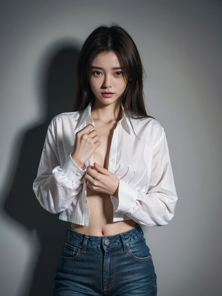 ((Highest quality, 8K, masterpiece :1.3)), Sharp focus :1.2, Beautiful woman with perfect figure :1.4, 1 Girl,Slim Abs :1.2, ((Dark brown hair,chest :1.2)), (White long formal shirt)(Unbutton your shirt.), Gray background:1.2, Highly detailed face and skin texture, fine grain, double eyelid,Beautiful Hands,Five Fingers,Fashion model posing,Full body portrait,Cowboy Shot,jeans,Cast a Shadow,