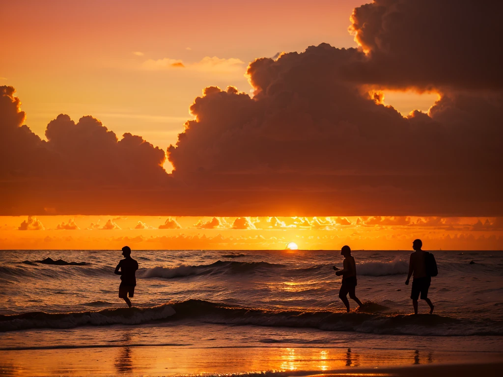 a beautiful sunset on a tropical beach, sun setting over the ocean, waves crashing against the shore, warm golden light, silhouettes of palm trees, pink and orange sky, serene and peaceful atmosphere, people walking along the beach, soft sand, reflections in the water, birds flying in the distance, long exposure photography, cinematic lighting, vibrant colors, detailed and realistic