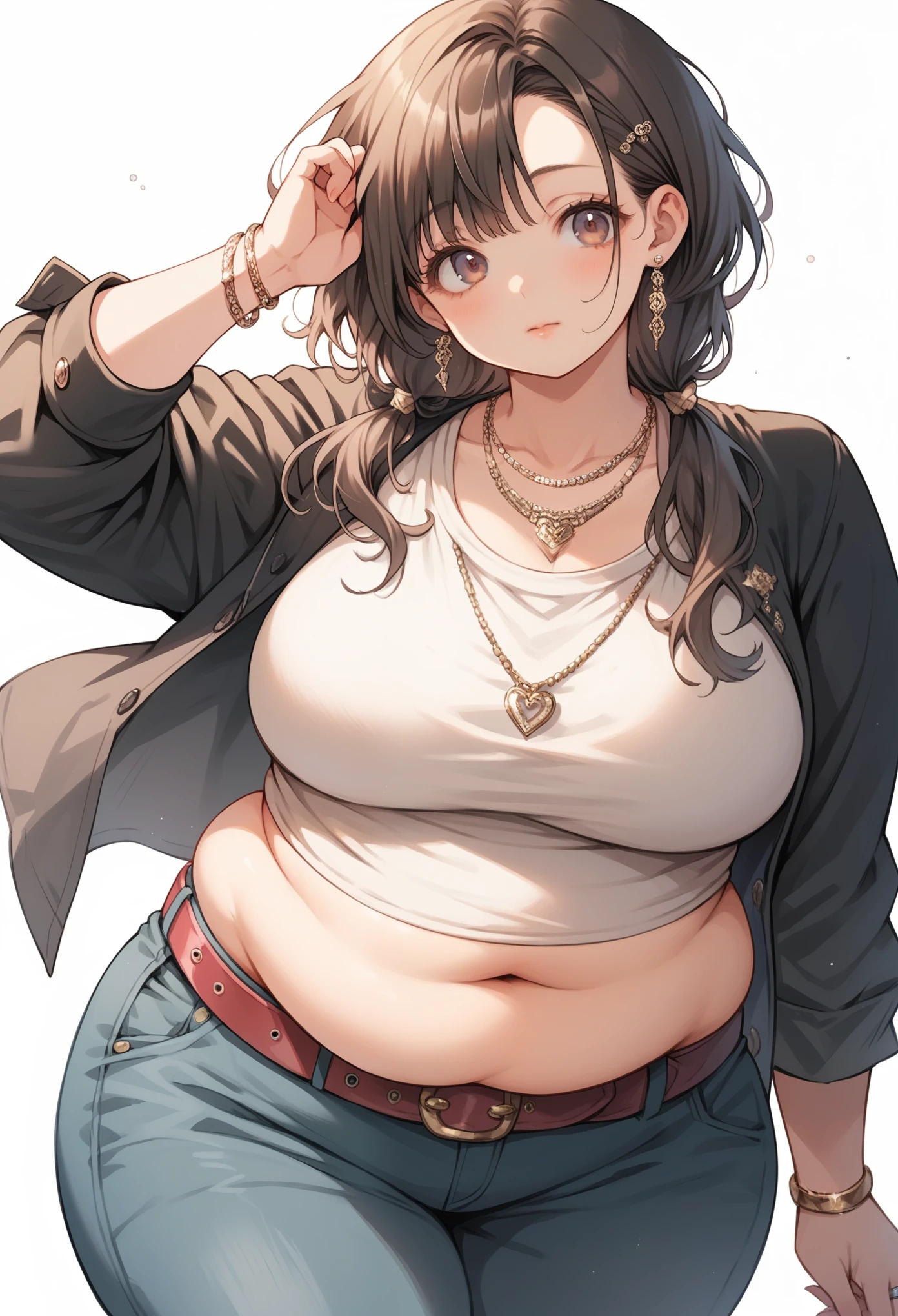 Curvy anime girl, overweight fat girl, pretty anime girl, beautiful chubby anime girl, big tummy, large breasts, wide hips, curvy butt, stomach rolls, stomach bump, fashionable, cool clothes, fun clothes, fashion, accessories, jacket, jewelry, bracelet, earrings, necklace, rings, accessories, belt, skirt, dress, pants, shirt, long shirt, low cut tshirt, baggy shirt, cute, cool fashionable girl