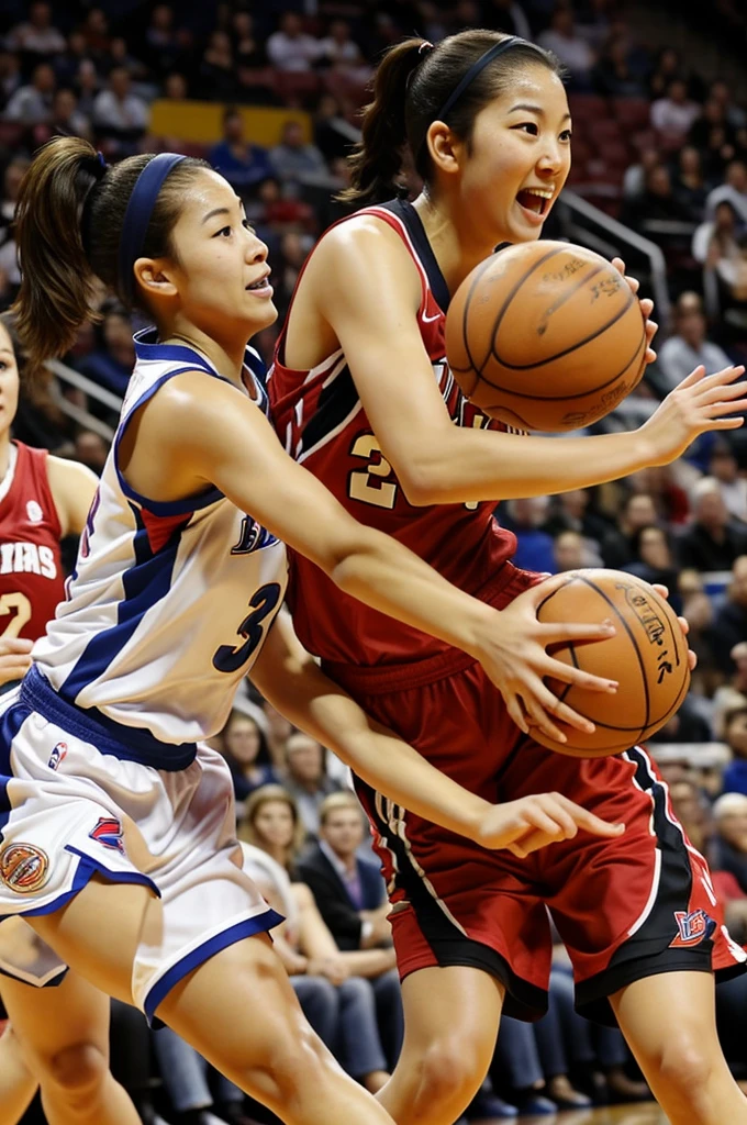 Create a picture of a 
women who plays basketball and she's playful and funny make her beautiful and a little asian with blind pig tail