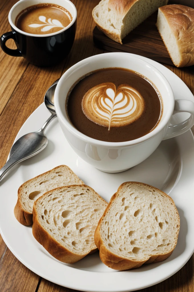 Image of a steaming cup of coffee, a plate with bread and an open Bible