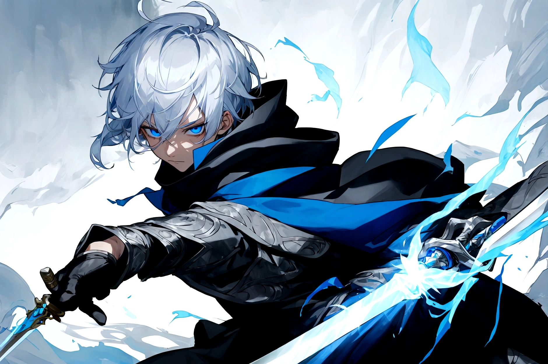 Sorcerer Divine Soul man, he has a silver hair and blue eyes, he wear a hood and wear gloves , hold sword with hand .
