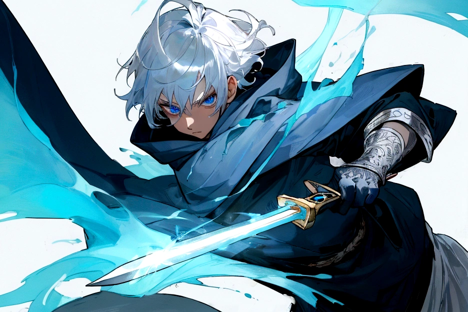 Sorcerer Divine Soul man, he has a silver hair and blue eyes, he wear a hood and wear gloves , hold sword with hand .