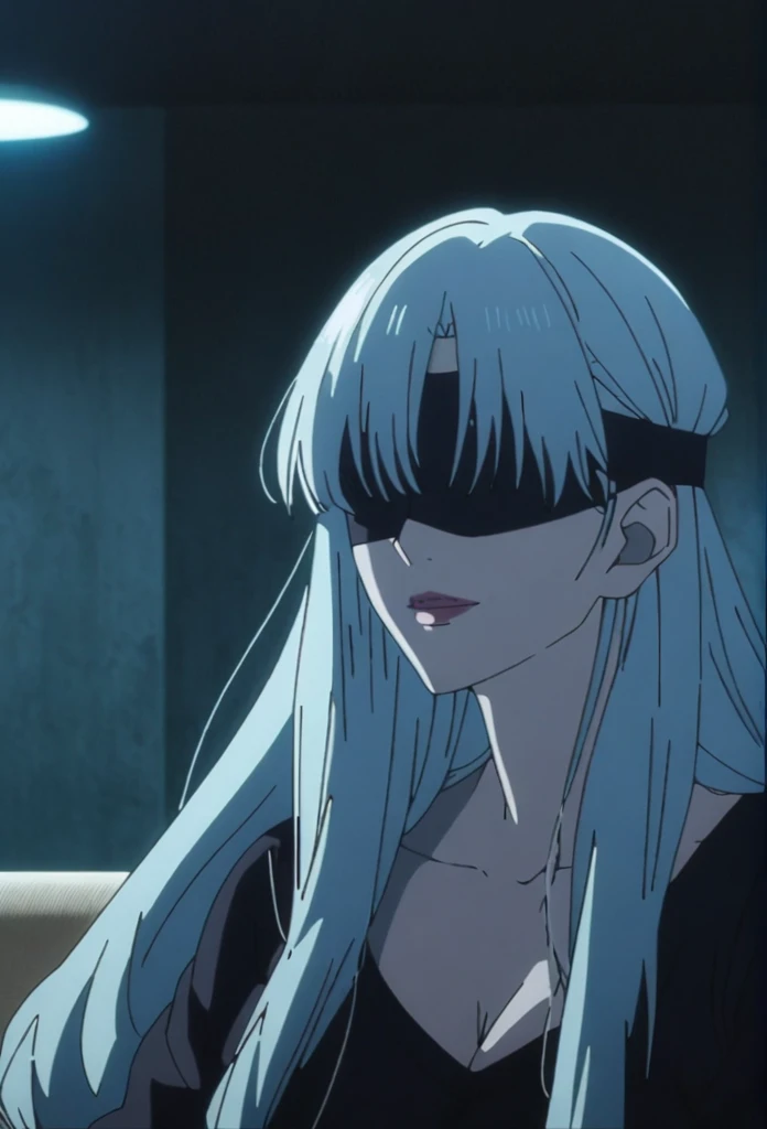 1girl, female gojo satoru, anime screencap from jujutsu kaisen, gojo satoru female version, solo, very long_hair, ((smooth texture hair)) ((black blindfold)), ((very long white_hair)), night view, breasts, upper_body, smile, indoors, book, bangs, lips ((very long hair)) wearing black color sweater, breast, "very detailed and high resolution" (black blindfold) ((one hand on the chin)) ((smooth texture hair)) ((solo)) ((high resolution)) ((upper body)) (Good quality) cleavage, (sitting)