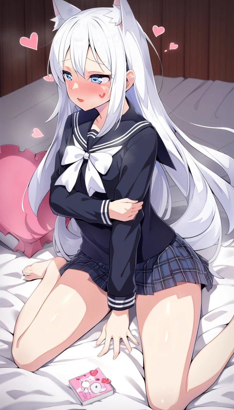 one girl, black sailor uniform, plaid skirt, long sleeve, naive, cat ears, thirteen years old, long hair, light blue eyes, white hair, aphrodisiac, heart mark, hypnosis, on bed, wariza, estrus, pure, sexy face, pure