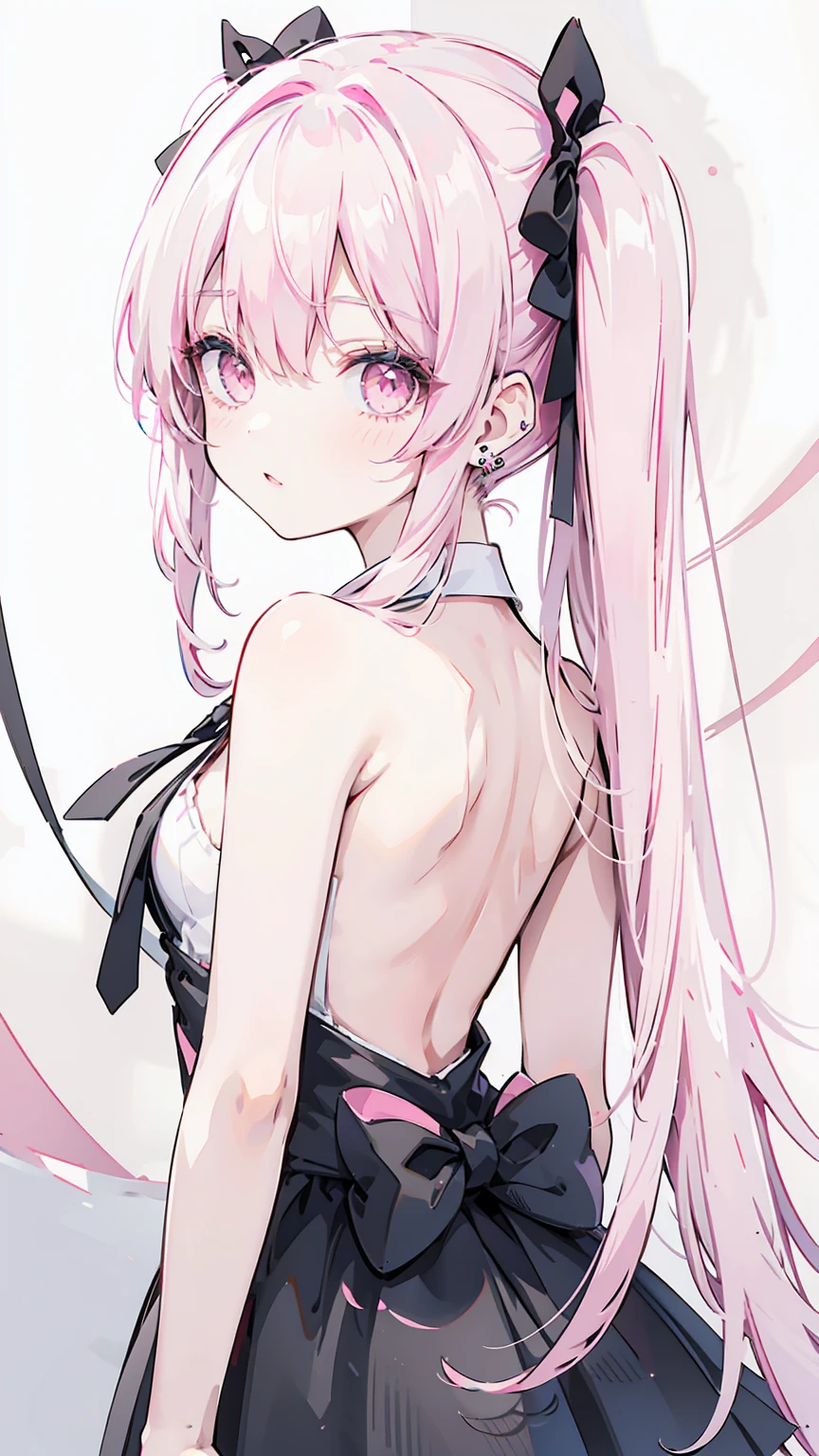 High quality, masterpiece, ultra-detailed, without clothes, black pantyhouse, panties, choker, headress, 1girl, solo, peaceful expression, long pink hair, enchanting blue eyes, fox ears, nipples, back view
