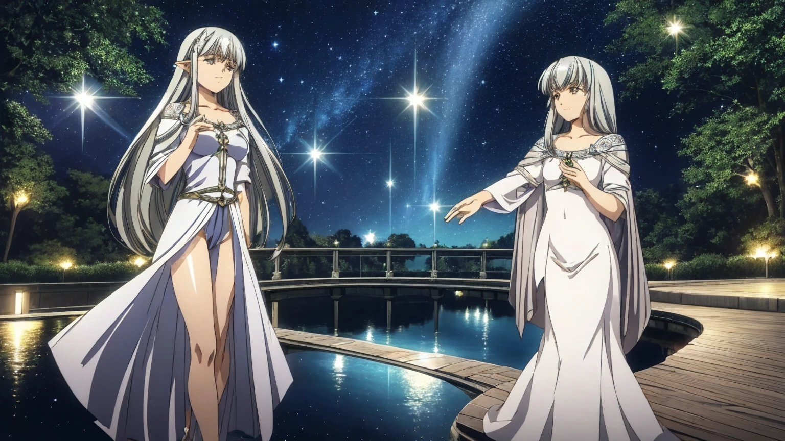 A tranquil canal under a starry night sky, the water reflecting the shimmering stars above, creating an illusion of a mirrored universe. A female traveler stands by the canal, her long flowing hair catching the starlight. She is an elf with pale skin and silver hair, wearing elegant medieval attire.