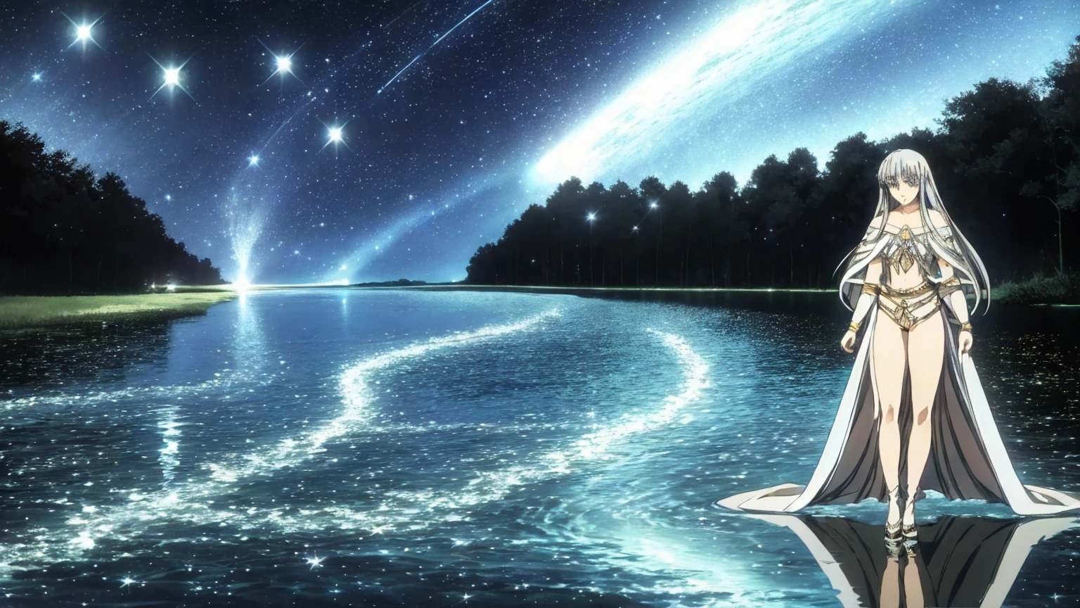 A tranquil canal under a starry night sky, the water reflecting the shimmering stars above, creating an illusion of a mirrored universe. A female traveler stands by the canal, her long flowing hair catching the starlight. She is an elf with pale skin and silver hair, wearing elegant medieval attire.