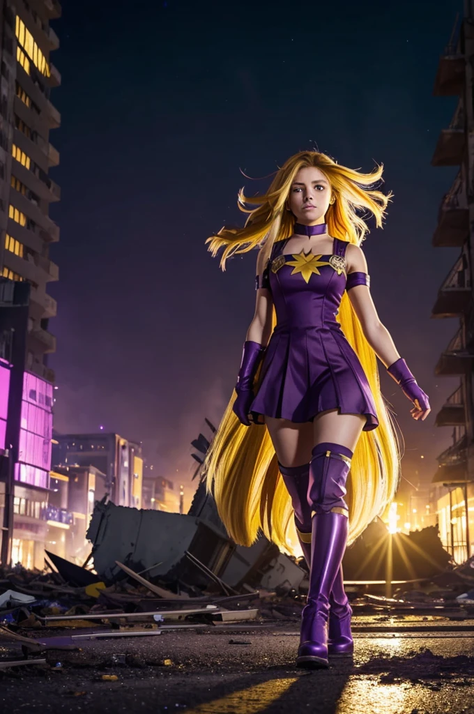 screenshot of boku no hero academia wide shot full body, beautiful woman,of long hair,YELLOW COLOR, with purple reflections,slanted eyes,purple,distressed face ,hurt,a hero costume like a purple dress with plush shoulder pads ,background of a destroyed city,subjective take.