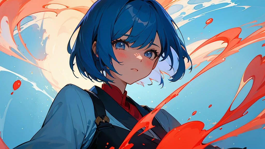 Drawing up to the upper body、A girl with blue hair and a bob cut wearing a navy blue suit。Japanese styleの小物が周りに浮遊している、Japanese style、There is a bright red flame effect that looks like a splash of water.。The girl has supernatural powers and can levitate two swords in the air.。The background is space-like、Behind the character is a huge scroll with beautifully written characters.。The overall image is red。