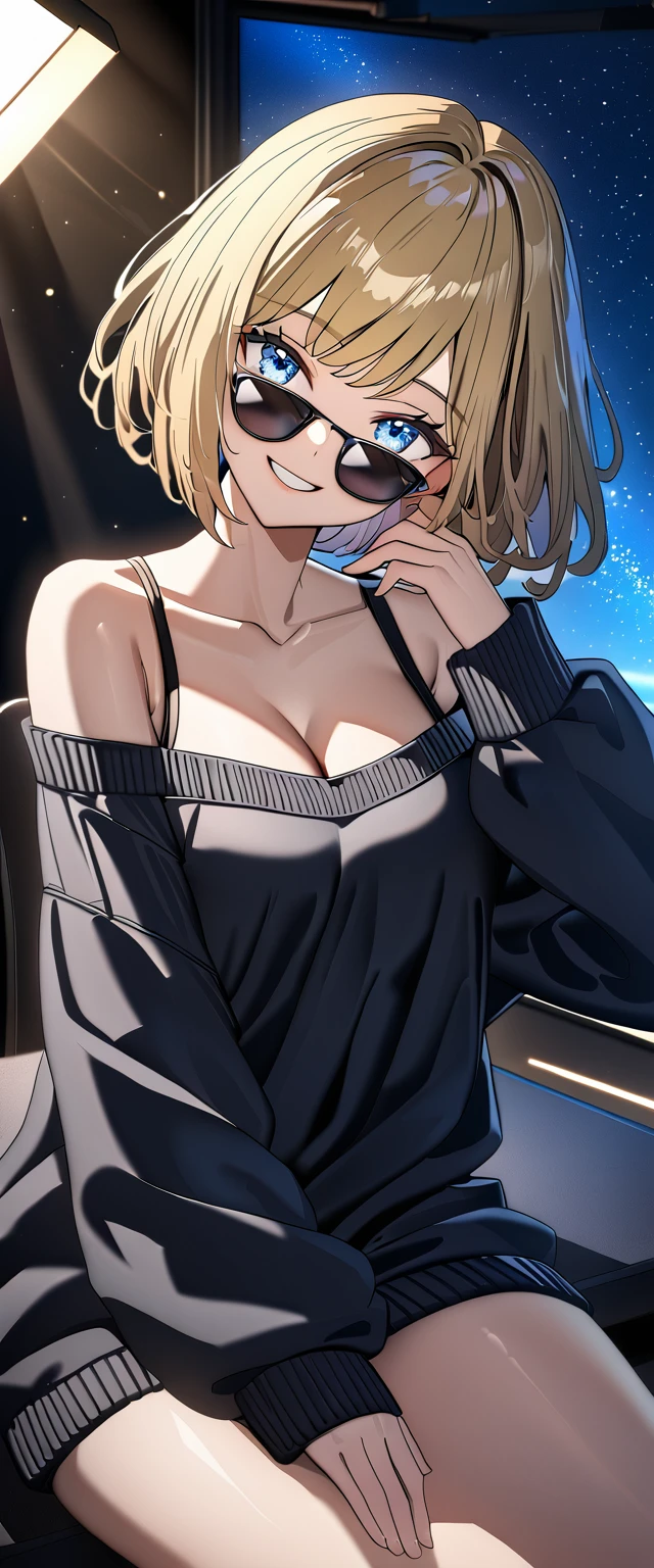 ((grin)), ((off-shoulder sweater:1.3, Quite thick shoulder straps)), ((black sweater)), ((blond hair, bob cut:1.3)), ((sunglasses, hand to sunglasses)), (((from side))), ((((upper body)))), bare legs, ((Leaning to side)), (((a beautiful starry sky, the Milky Way shining beautifully in the night))), ((sitting on the very high cliff)), wavy hair, inward curled hair, ((sea, nature)), breasts, ager, (looking at viewer), oversized clothes, puffy long sleeves, collarbone, head tilt:1.3, (((blue eyes))), happy smile, (((anime style))), (best quality, 4K, 8K, highres, masterpiece:1.2, ultra-detailed, ultra-detailed eyes, HDR, uhd, studio lighting, ultra-fine painting, sharp focus, physically-based rendering, extreme detail description, professional, vivid colors, bokeh)