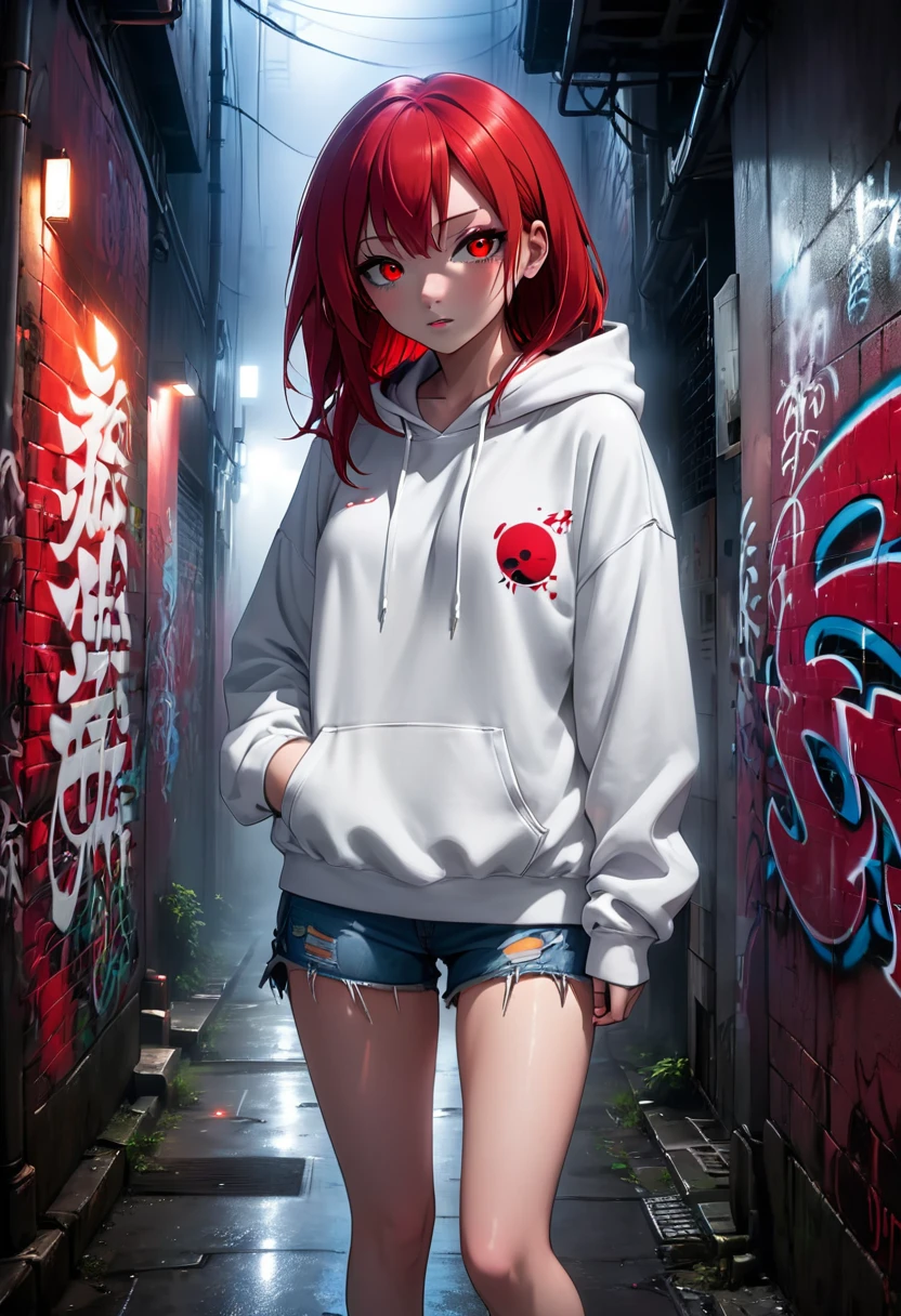 1girl, white hoodie, red hair, red eyes, jean shorts, dark alley, red graffiti, japanese led, fog