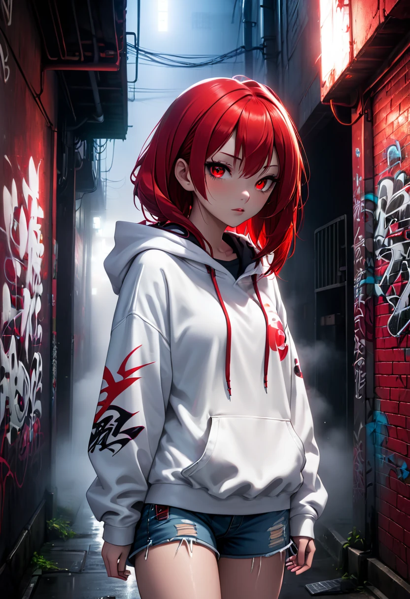 1girl, white hoodie, red hair, red eyes, jean shorts, dark alley, red graffiti, japanese led, fog