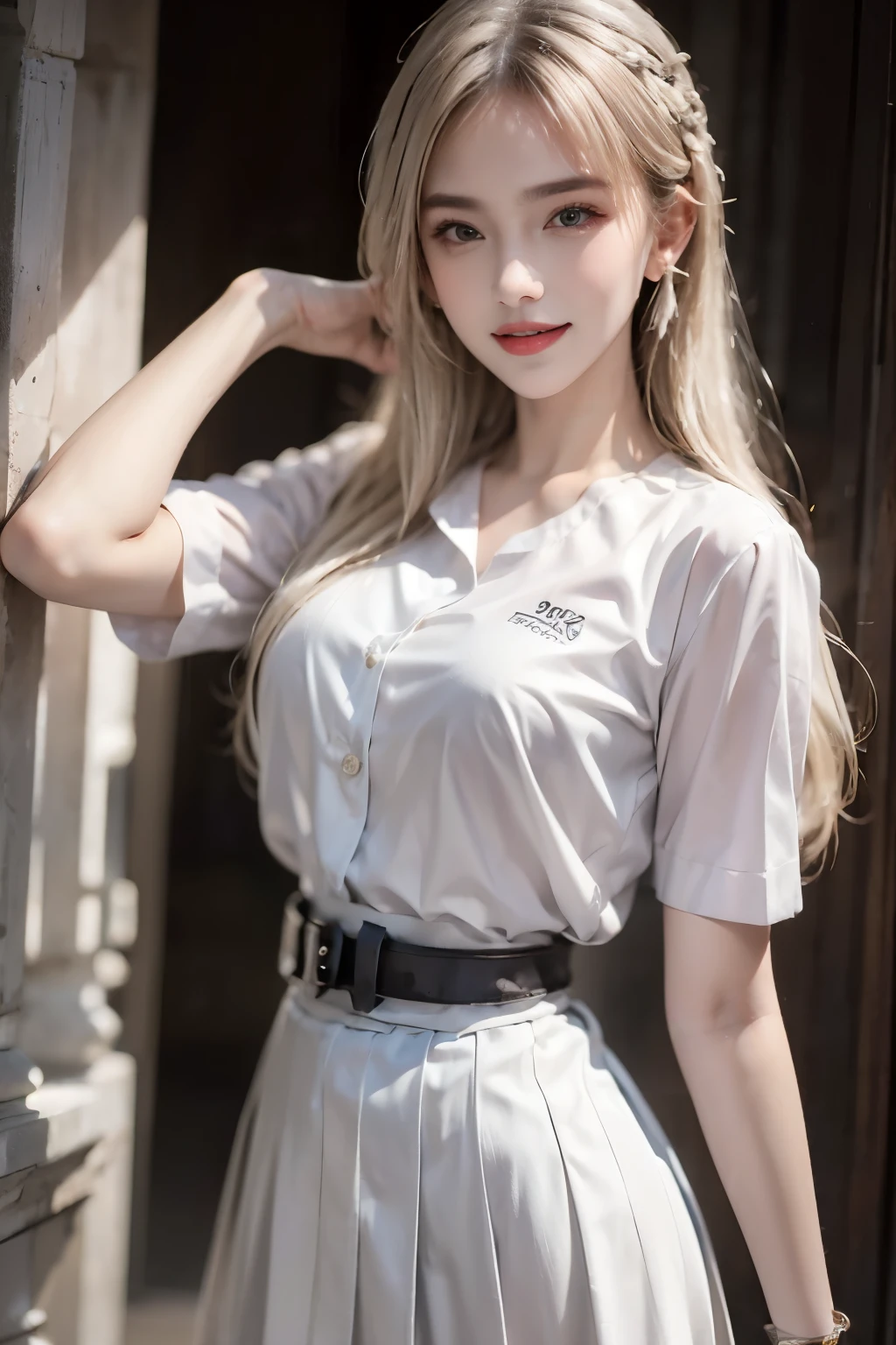highest resolution, 8K, high definition, (((long hair))), ((Thai school uniform)), Age 16-18 years, stare, confident demeanor, earring, smile, blonde hair