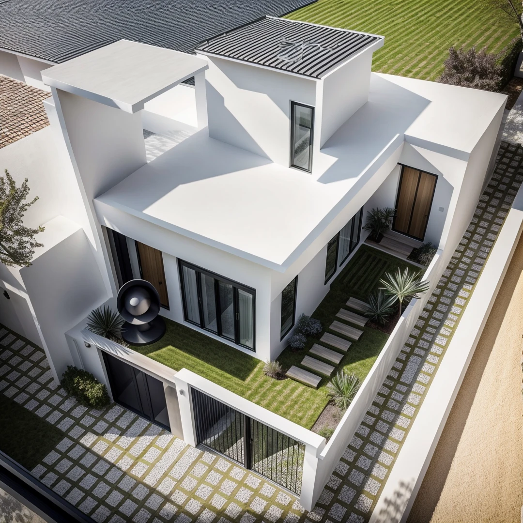 1 architecte moderne, main material by white wall and wood, 1 large courtyard, 1 road passes in front of the house, (Photo brute, real, best quality, head of'artwork:1.2), avoir l'modern and minimalist look, 1 route devant la maison, dynamic lighting:1.3, (hyper realistic, photo-realistic:1.2), High quality, (dark lighting:1.2), perfect lighting, archquotidiennement, no'humain