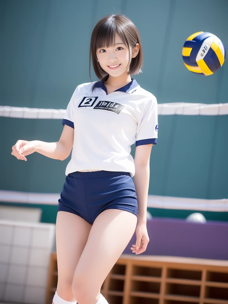 Glossy thighs、(8K、top-quality、​masterpiece:1.2)、(realisitic、Photorealsitic:1.37)、ultra-detailliert、top-quality、超A high resolution、professionally lit、Photon mapping、Radio City、physically-based renderingt、Cinematic lighting、depth of fields,Focusing,Sun'rays,Good composition,,(((1 girl of 12 years))),Double eyes、(((white Volleyball uniform 、Dark blue high-leg low-rise bloomers)))、Gymnasium、A big smile、Gymnasium Court,  (Tween model, 12 year old girl, young)), Ethereal beautiful, slim, very beautiful short hair,Colossal tits、 Toned abs, short cut hair、Soft light, ((David Hamilton Style)),