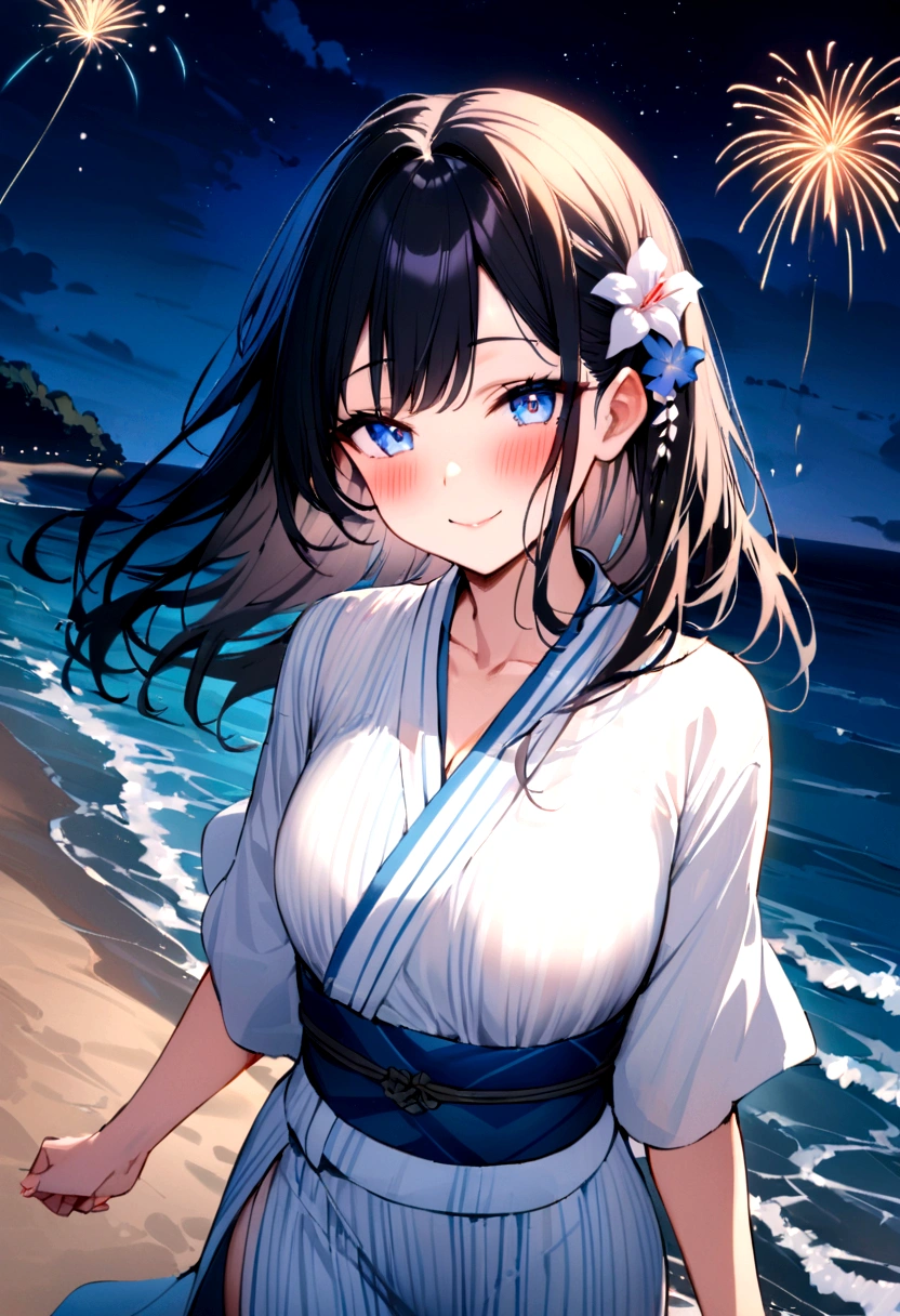 masterpiece, best quality, Summer Kimono,Light-colored kimono，White-headed flower，Blue Eyes，firework, firefly，Beach, Smile, Night Sky, Black hair，((Walk by the sea))，blush