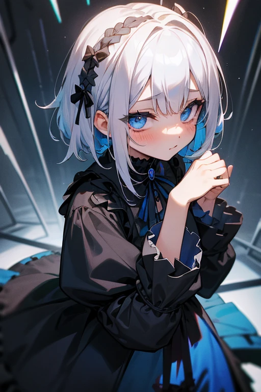 Short white hair, blush, Gothic Lolita、Punk Fashion、Headbang 2.、Blue and black clothes、Braiding、